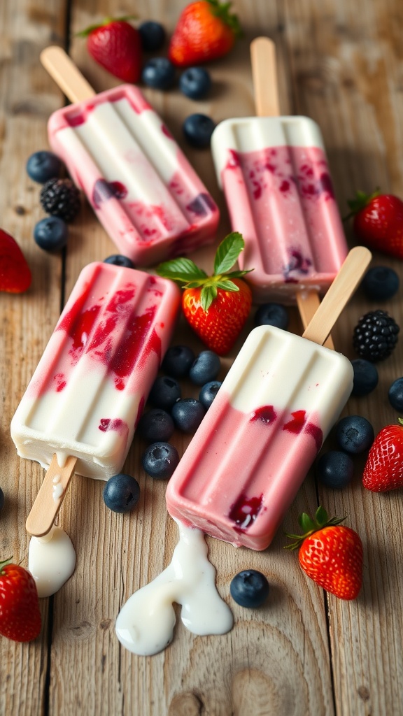 Creamy Greek Yogurt and Berry Smoothie Popsicles Colorful Greek yogurt and berry smoothie popsicles on a wooden table with fresh berries.